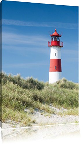 Leuchtturm hinter Dünen , Format: 40x60 auf hochkantiges Leinwand, XXL riesige Bilder fertig gerahmt mit Keilrahmen, Kunstdruck auf Wandbild mit Rahmen, günstiger als Gemälde oder Ölbild, kein Poster oder Plakat