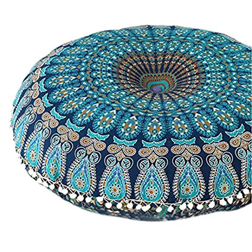 SMILEQ Große Mandala-Boden Kissen Runde Bohemian Meditation Kissenbezug Ottoman Hocker (Blau) - 4