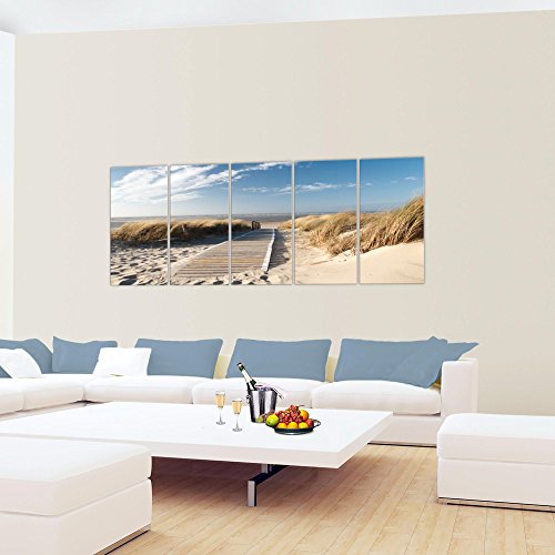 Bilder Strand Meer Wandbild 200 x 80 cm Vlies - Leinwand Bild XXL Format Wandbilder Wohnzimmer Wohnung Deko Kunstdrucke Beige 5 Teilig - MADE IN GERMANY - Fertig zum Aufhängen 604055a - 3