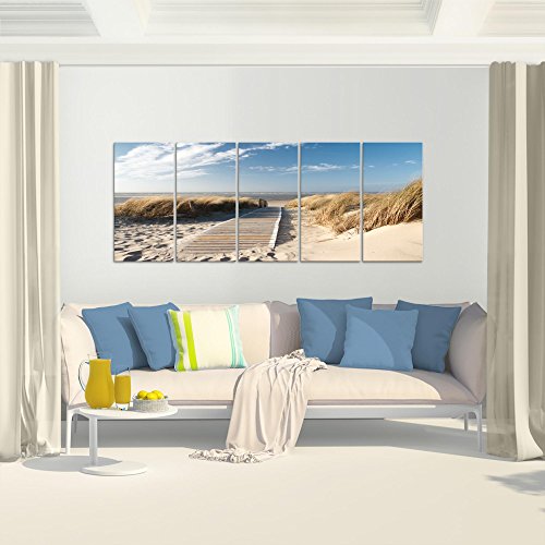 Bilder Strand Meer Wandbild 200 x 80 cm Vlies - Leinwand Bild XXL Format Wandbilder Wohnzimmer Wohnung Deko Kunstdrucke Beige 5 Teilig - MADE IN GERMANY - Fertig zum Aufhängen 604055a - 5