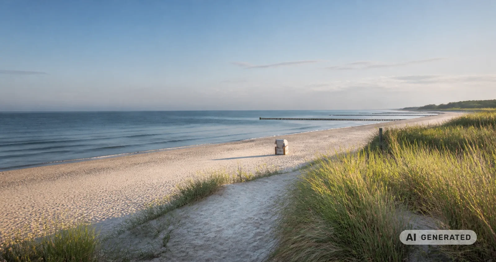 Ruhiger Ostseestrand mit Dünen, Strandkorb und Buhnen im Morgenlicht